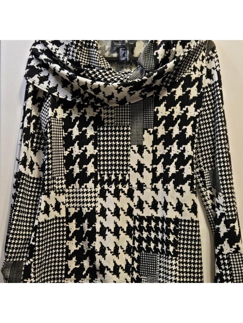 Frank Lyman Montreal Houndstooth Mixed Media Cowl Neck Knit Top Size